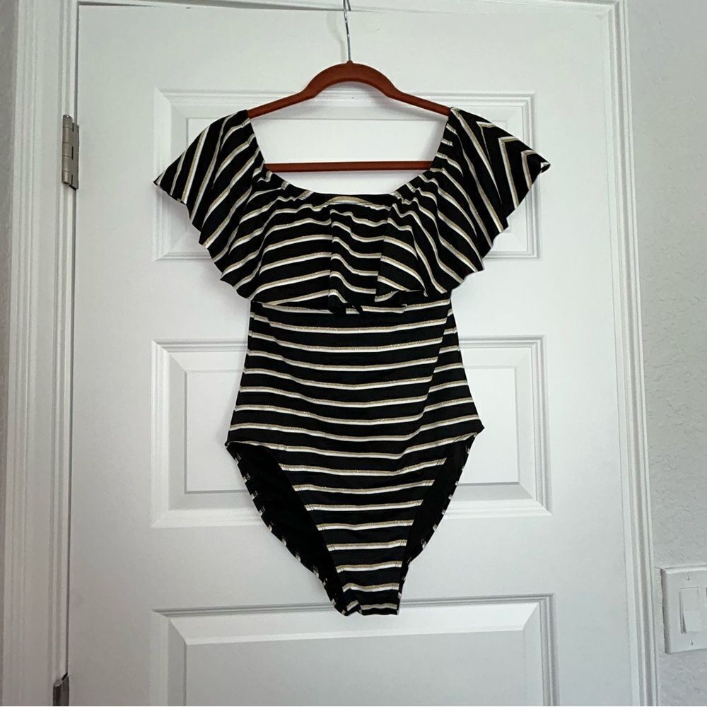 Lauren Ralph Lauren Metallic Stripe Print Ruffle One Piece Swimsuit